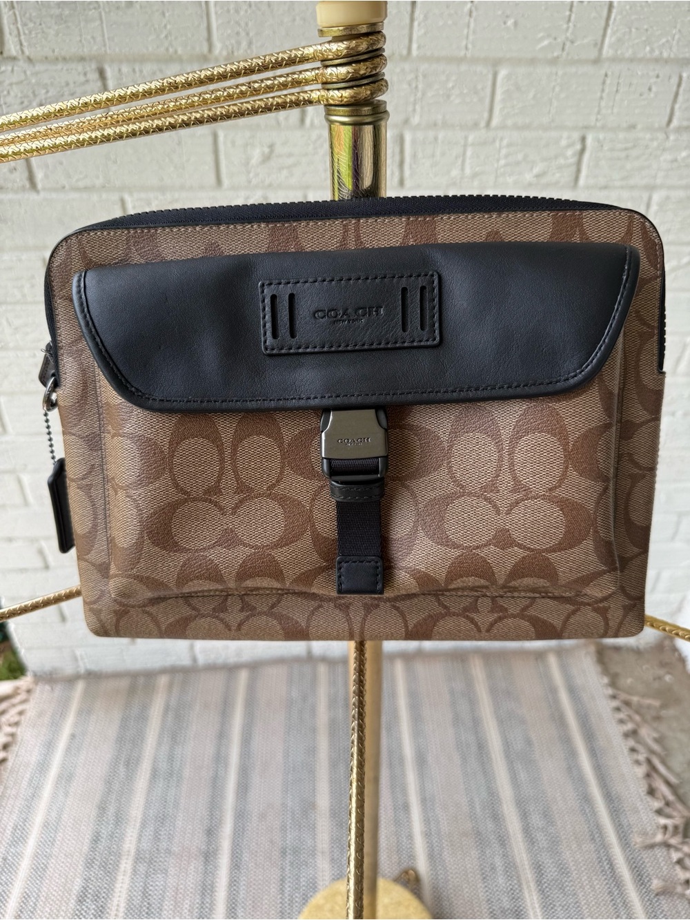 Coach Brown Signature Ranger Pouch with Black Leather Flap